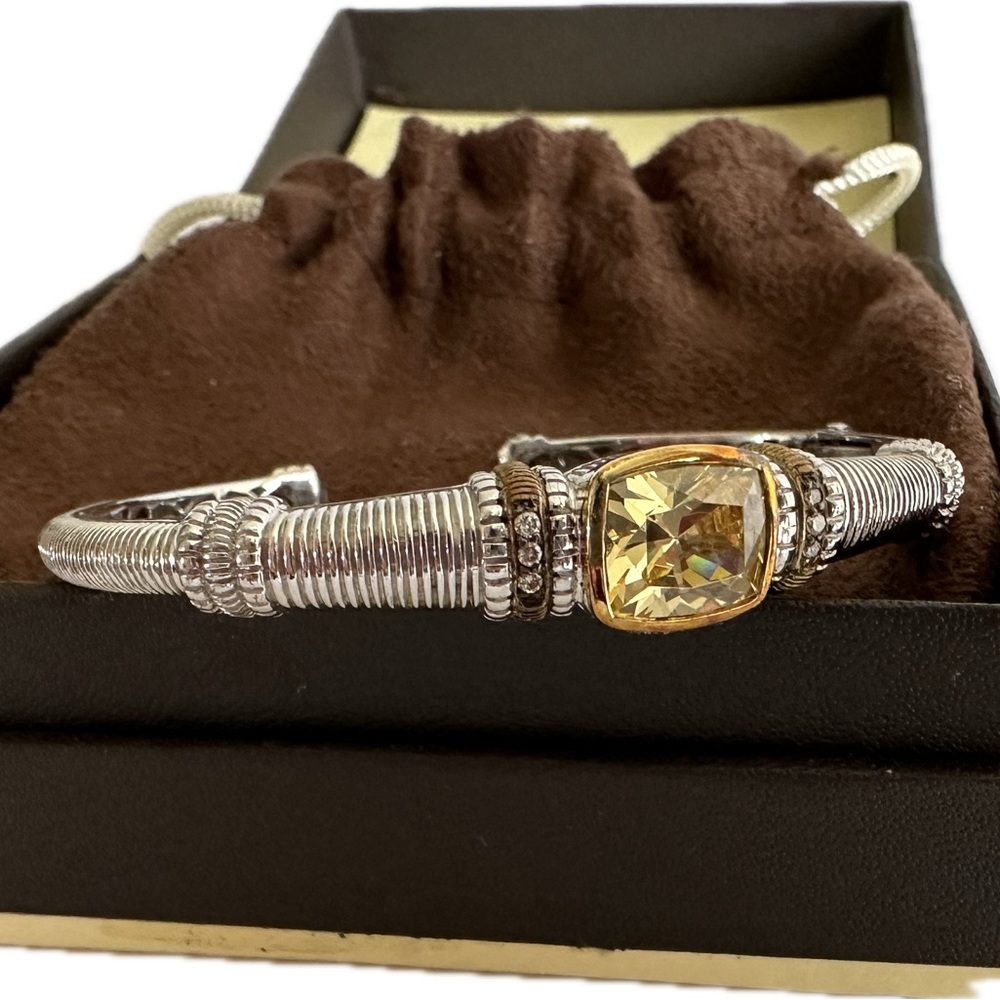 Judith Ripka Two 925 18K Hinged Canary Colored Stone, Diamond Accents